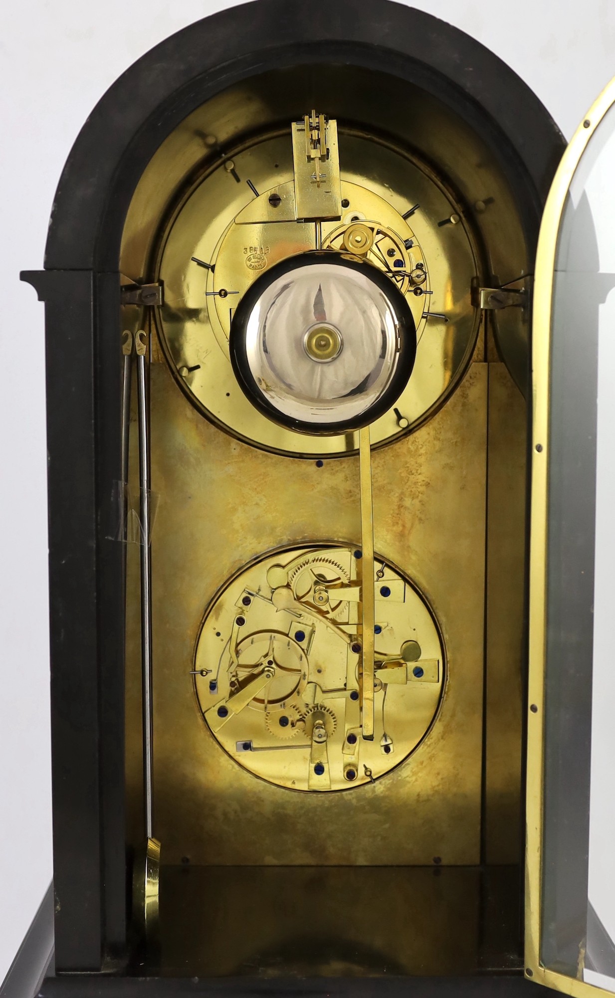 Henri Marc, Paris. A 19th century French arched top black marble mantel clock with perpetual calendar, width 28.5cm depth 20cm height 49cm